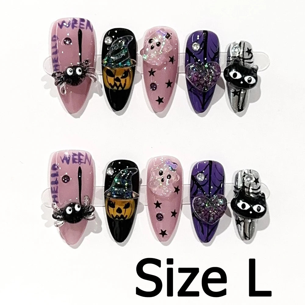 Handmade Almond Nail Art Silver Cat Eye Ink Wash Marble Sparkly Piled Rhinestone Black Chic False Nails Reusable Press on Nails
