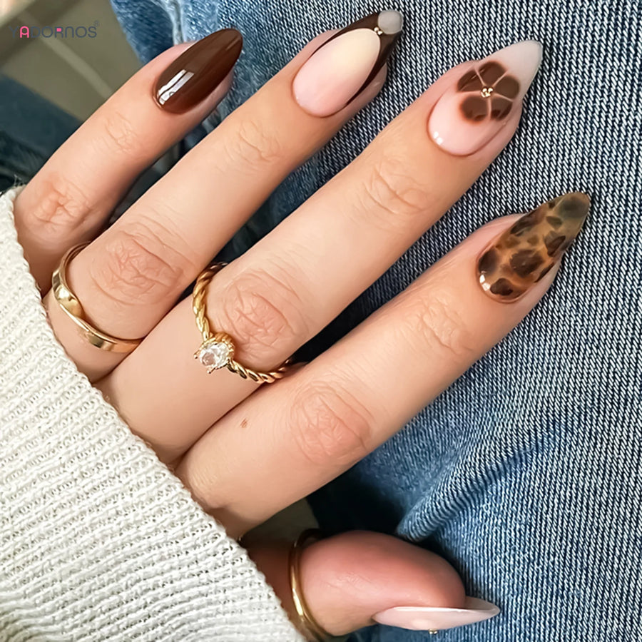 Fake Nails Leopard Print Almond Shape for Women Reusable Press on Artificial Nail Tips Full Cover Manicure Kit 24pcs Set BU