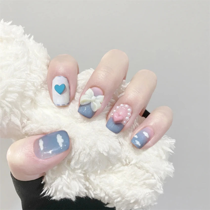 24Pcs/Set Wearing Short Fake Nails for Girls Press on Nail Tips Full Cover Acrylic with Diamonds False Nails Art Free Shipping