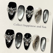 Handmade Almond Nail Art Silver Cat Eye Ink Wash Marble Sparkly Piled Rhinestone Black Chic False Nails Reusable Press on Nails