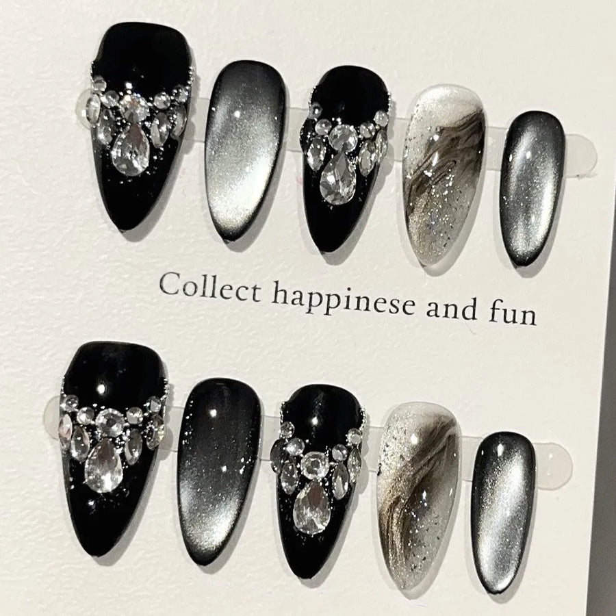 Handmade Almond Nail Art Silver Cat Eye Ink Wash Marble Sparkly Piled Rhinestone Black Chic False Nails Reusable Press on Nails