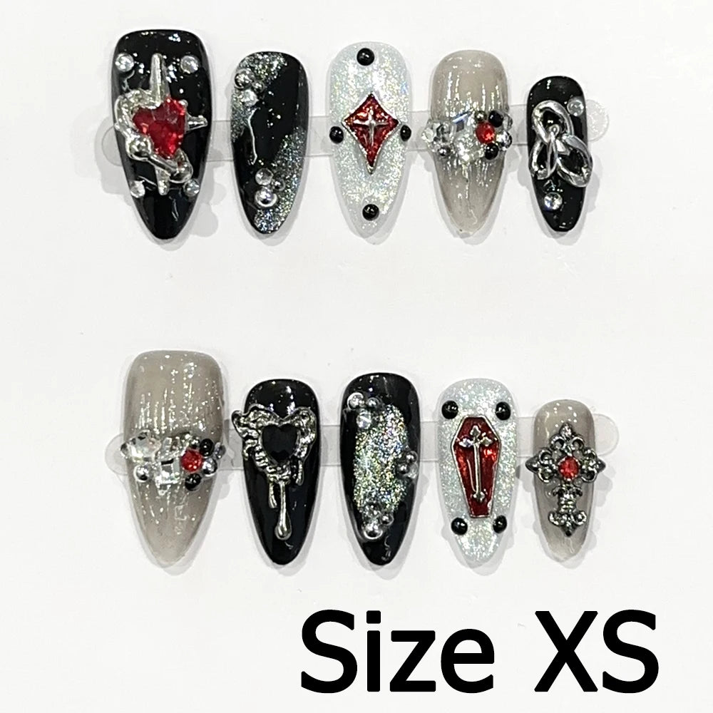 Handmade Almond Nail Art Silver Cat Eye Ink Wash Marble Sparkly Piled Rhinestone Black Chic False Nails Reusable Press on Nails