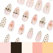 Pink Peach Blossom Polka Dot Lace Gauze Gold Ring Bead Rhinestone Finished False Nail Wearable Press on Nails Manicure Fake Nail
