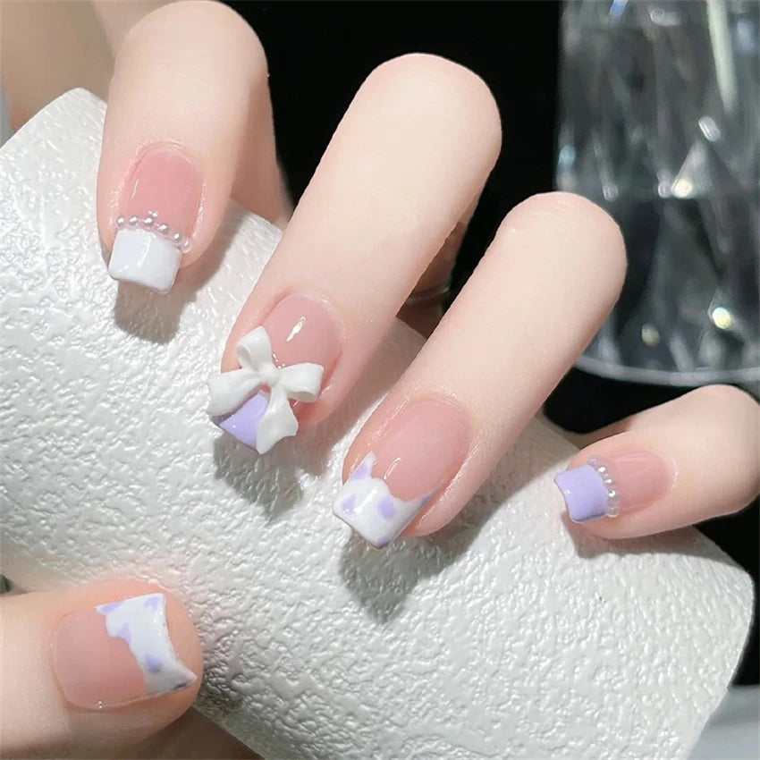 24Pcs/Set Wearing Short Fake Nails for Girls Press on Nail Tips Full Cover Acrylic with Diamonds False Nails Art Free Shipping