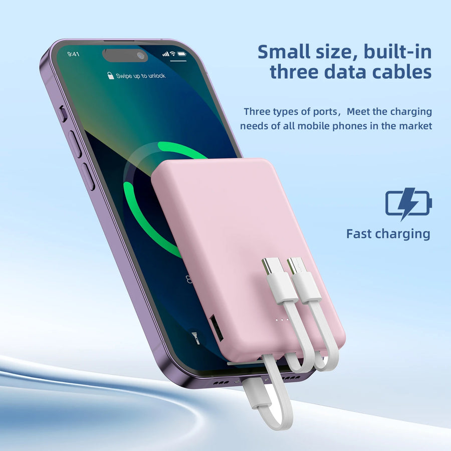 Mini 5000mAh Power Bank – 3 Built-In Charging Cables | Compact Portable Charger