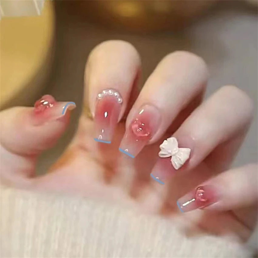 24Pcs/Set Wearing Short Fake Nails for Girls Press on Nail Tips Full Cover Acrylic with Diamonds False Nails Art Free Shipping