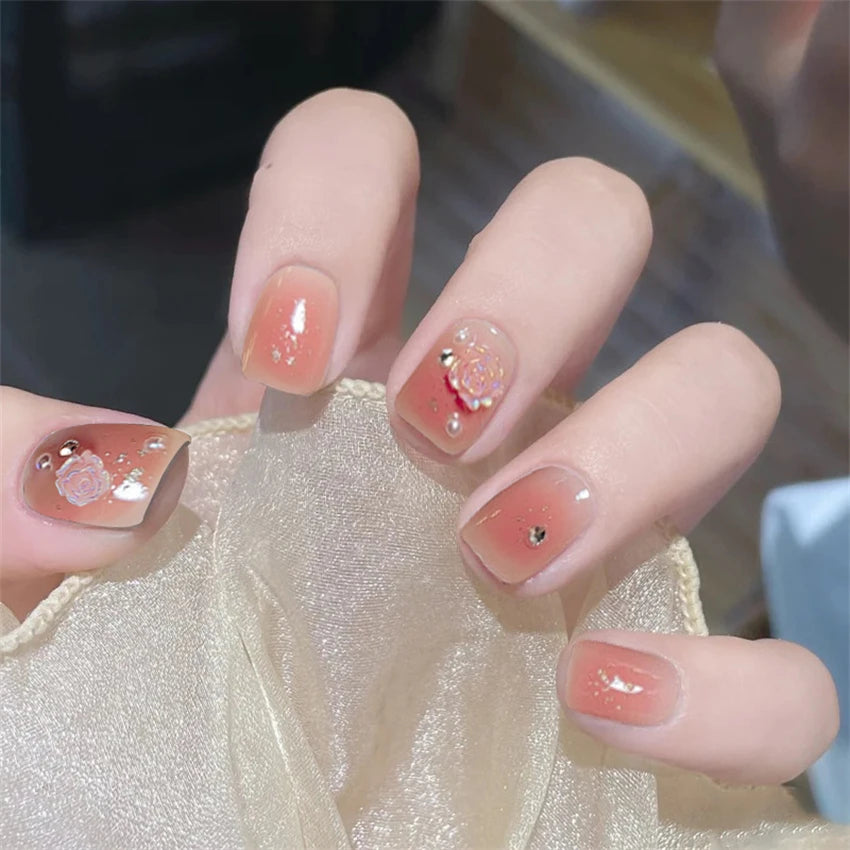 24Pcs/Set Wearing Short Fake Nails for Girls Press on Nail Tips Full Cover Acrylic with Diamonds False Nails Art Free Shipping