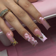 Pink Peach Blossom Polka Dot Lace Gauze Gold Ring Bead Rhinestone Finished False Nail Wearable Press on Nails Manicure Fake Nail