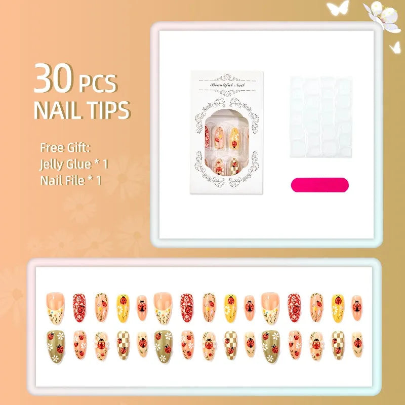 24PCS Pastoral Style Daisies Almond Press on Nails with Glue Sweet Ladybugs Green Plaid Pink Flowers French False Nails Wearable