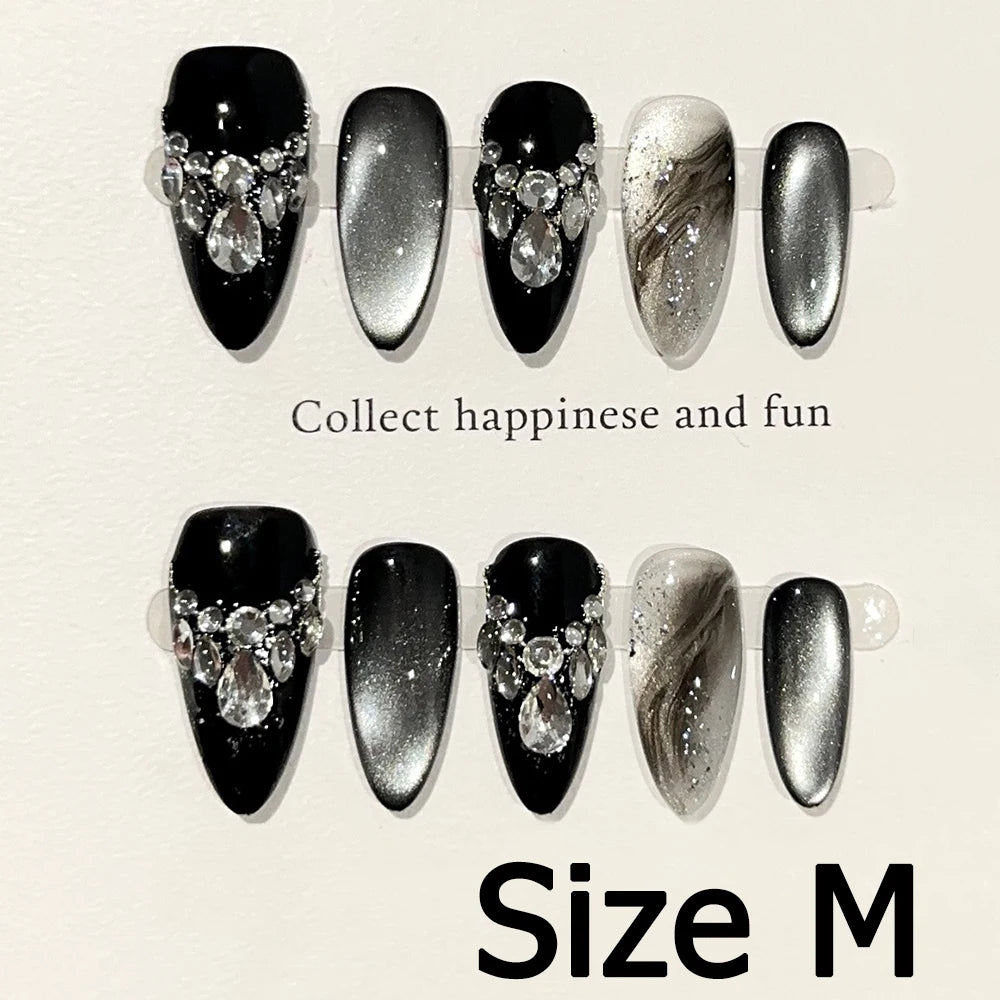 Handmade Almond Nail Art Silver Cat Eye Ink Wash Marble Sparkly Piled Rhinestone Black Chic False Nails Reusable Press on Nails