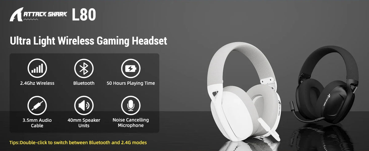 ATTACK SHARK L80 Wireless Gaming Headset – Tri-Mode Connectivity, 40mm Drivers & Lightweight Comfort