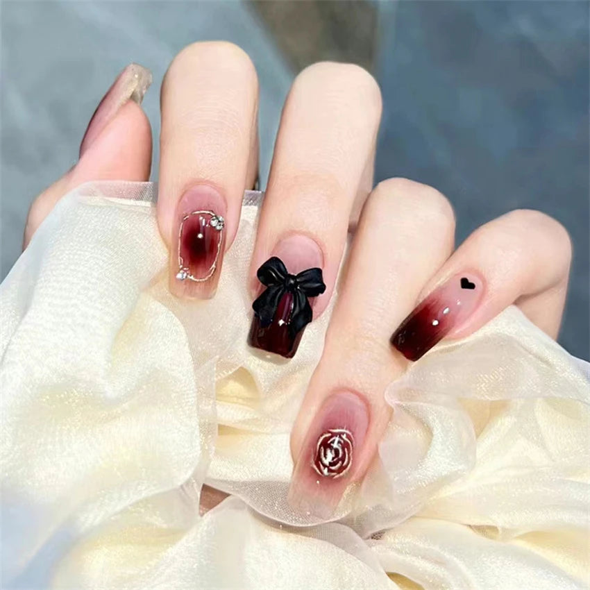 24Pcs/Set Wearing Short Fake Nails for Girls Press on Nail Tips Full Cover Acrylic with Diamonds False Nails Art Free Shipping