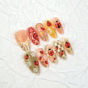 24PCS Pastoral Style Daisies Almond Press on Nails with Glue Sweet Ladybugs Green Plaid Pink Flowers French False Nails Wearable