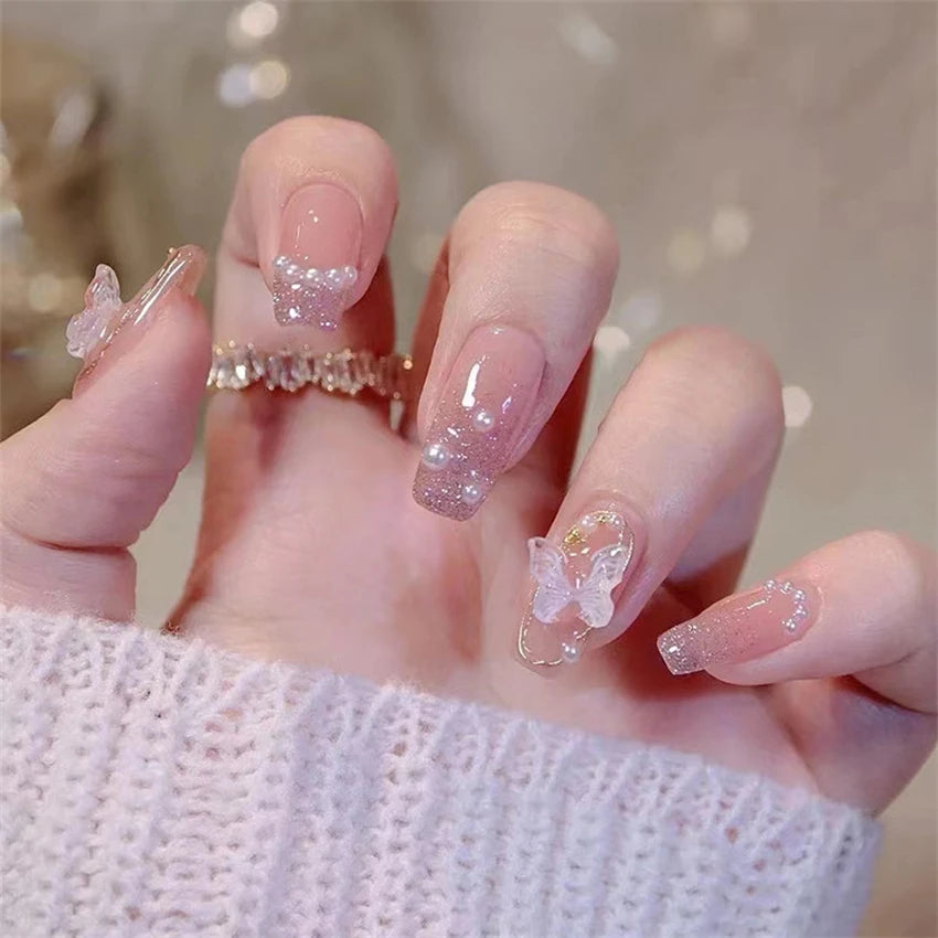 24Pcs/Set Wearing Short Fake Nails for Girls Press on Nail Tips Full Cover Acrylic with Diamonds False Nails Art Free Shipping