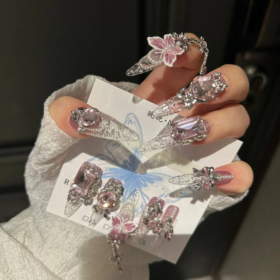 Pink Crystal Butterfly Fairy Press On Nails Heavy Duty Handmade 3D Butterflies Pearl Bows Metal Cross Ideal for Fairy Dresses Li