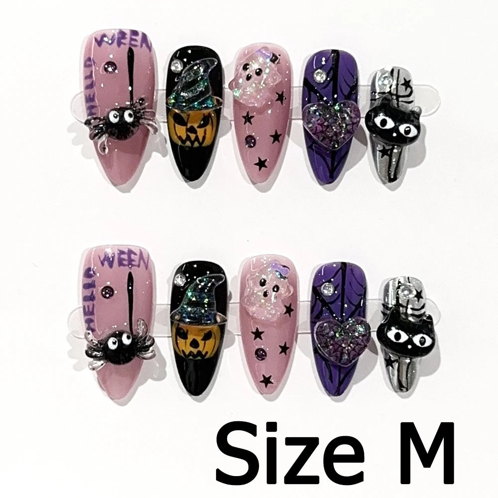 Handmade Almond Nail Art Silver Cat Eye Ink Wash Marble Sparkly Piled Rhinestone Black Chic False Nails Reusable Press on Nails