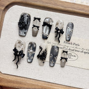 French Hepburn Black Swan Cat Eye Handmade Press On Nails, Vintage Black Bow Rhinestone Long Almond Fake Nails, Reusable Luxury