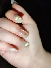 10pcs Cute False Short Nails Glossy Pink Star Press On Square Nails With Glitter Natural Unbreakable Wear For Girls Woman