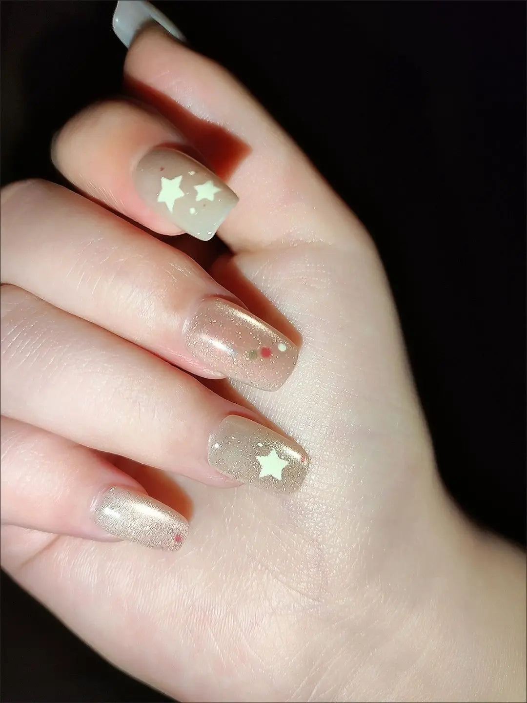 10pcs Cute False Short Nails Glossy Pink Star Press On Square Nails With Glitter Natural Unbreakable Wear For Girls Woman