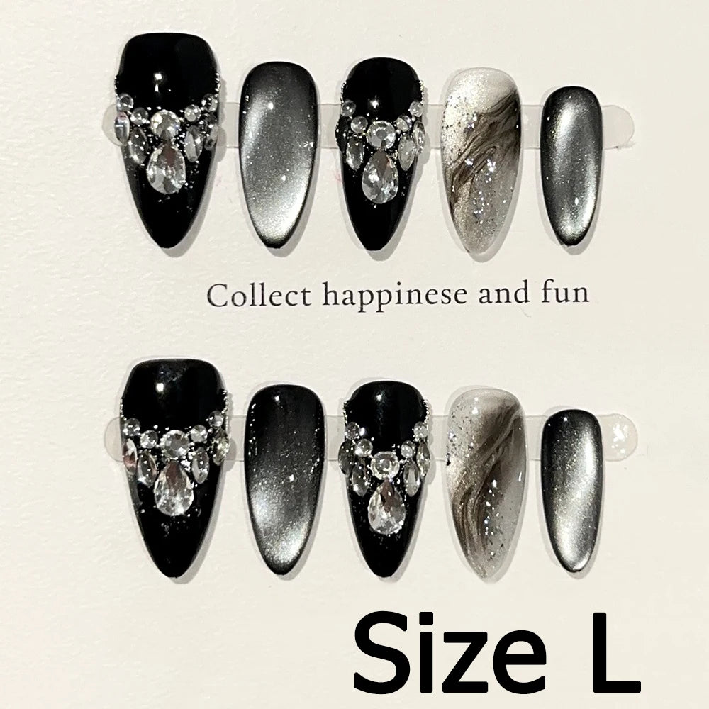 Handmade Almond Nail Art Silver Cat Eye Ink Wash Marble Sparkly Piled Rhinestone Black Chic False Nails Reusable Press on Nails
