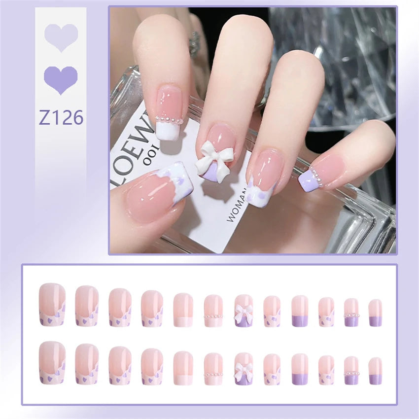 24Pcs/Set Wearing Short Fake Nails for Girls Press on Nail Tips Full Cover Acrylic with Diamonds False Nails Art Free Shipping