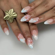 Pink Peach Blossom Polka Dot Lace Gauze Gold Ring Bead Rhinestone Finished False Nail Wearable Press on Nails Manicure Fake Nail
