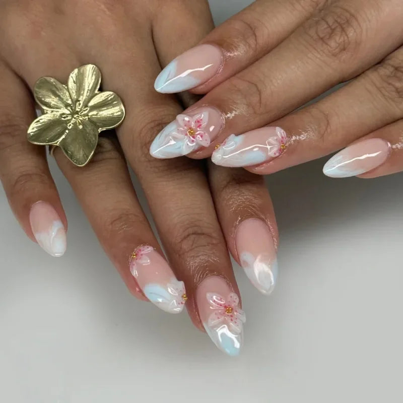 Blue Ink Wash Painting Lycoris Lily Classical Gold Curve Line Finished False Nail Press on Nail Manicure Fake Nail