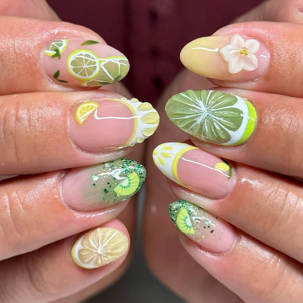 24PCS Tropical Green Polka Dots French False Nails 3D Pink Flowers with Silver Swirl Patterns Almond Press on Nails High Quality