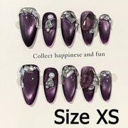 Handmade Almond Nail Art Silver Cat Eye Ink Wash Marble Sparkly Piled Rhinestone Black Chic False Nails Reusable Press on Nails