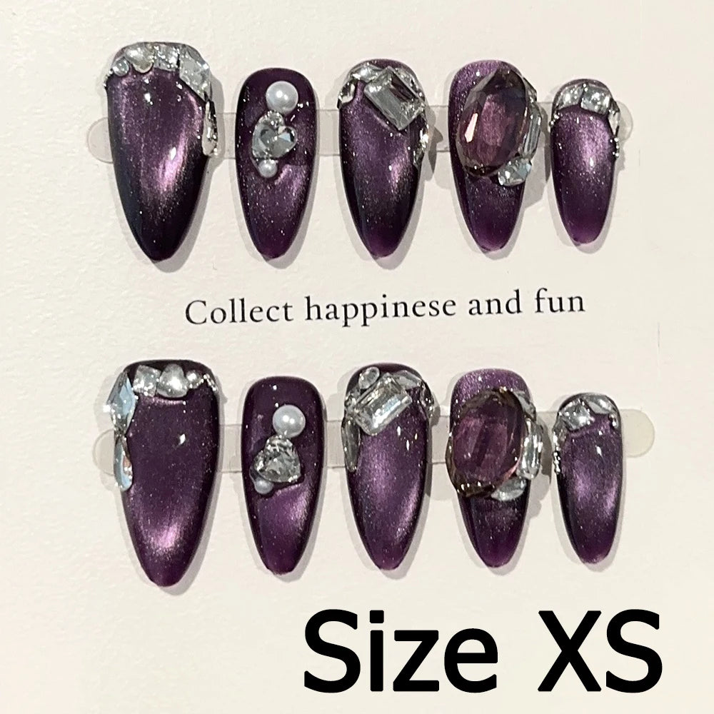 Handmade Almond Nail Art Silver Cat Eye Ink Wash Marble Sparkly Piled Rhinestone Black Chic False Nails Reusable Press on Nails