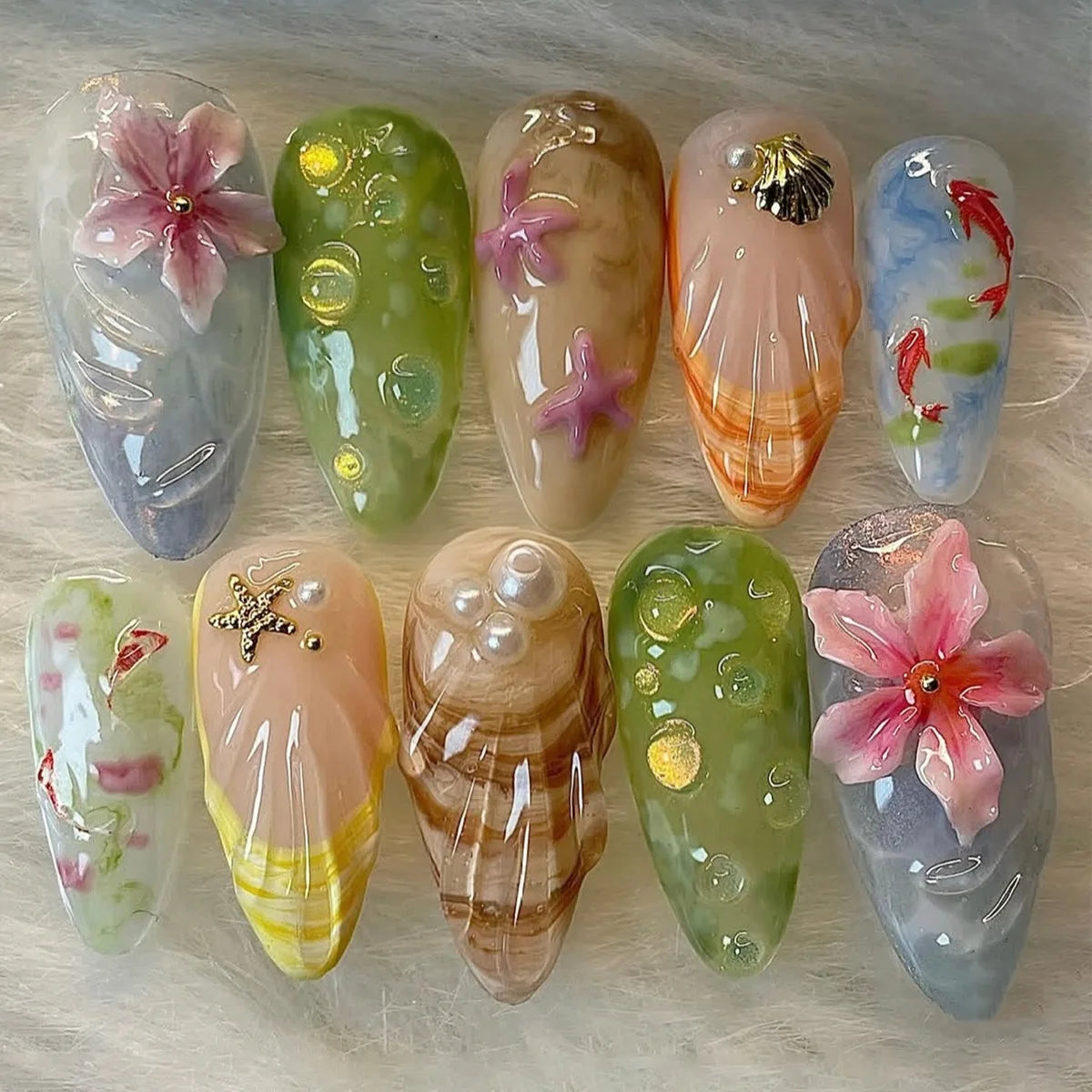24PCS Tropical Green Polka Dots French False Nails 3D Pink Flowers with Silver Swirl Patterns Almond Press on Nails High Quality
