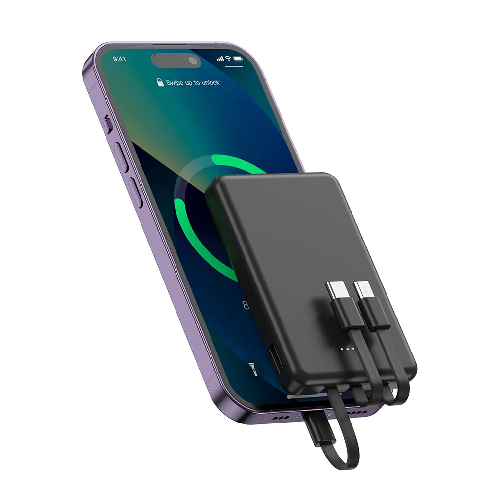 Mini 5000mAh Power Bank – 3 Built-In Charging Cables | Compact Portable Charger
