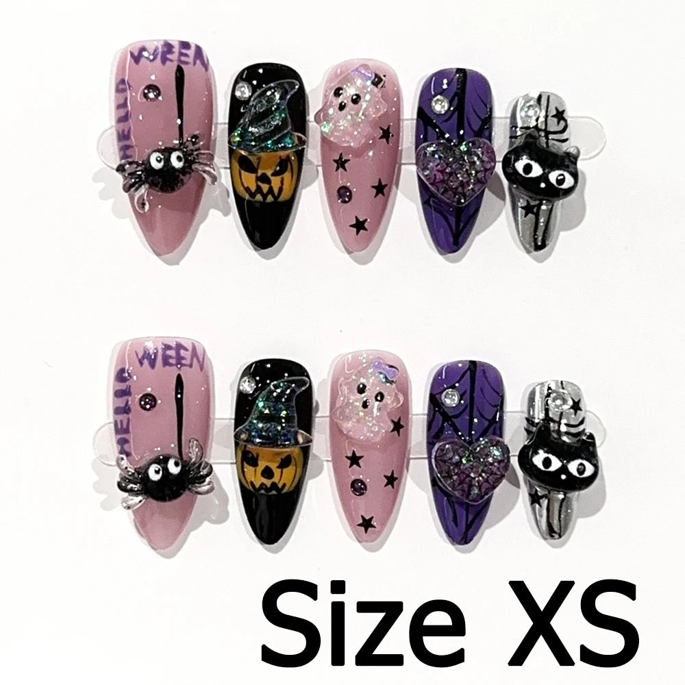 Handmade Almond Nail Art Silver Cat Eye Ink Wash Marble Sparkly Piled Rhinestone Black Chic False Nails Reusable Press on Nails