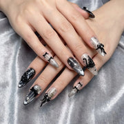 French Hepburn Black Swan Cat Eye Handmade Press On Nails, Vintage Black Bow Rhinestone Long Almond Fake Nails, Reusable Luxury