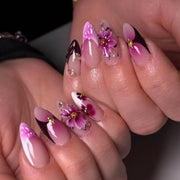 Pink Peach Blossom Polka Dot Lace Gauze Gold Ring Bead Rhinestone Finished False Nail Wearable Press on Nails Manicure Fake Nail
