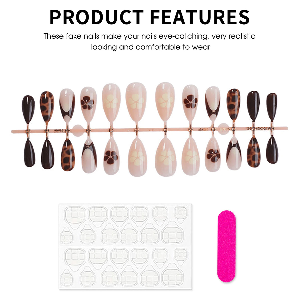 Fake Nails Leopard Print Almond Shape for Women Reusable Press on Artificial Nail Tips Full Cover Manicure Kit 24pcs Set BU