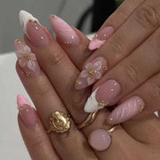 24pcs Pink Flower Almond Press on Nails Kawaii False Nails Wearable Stick-on Nails Fake Nail