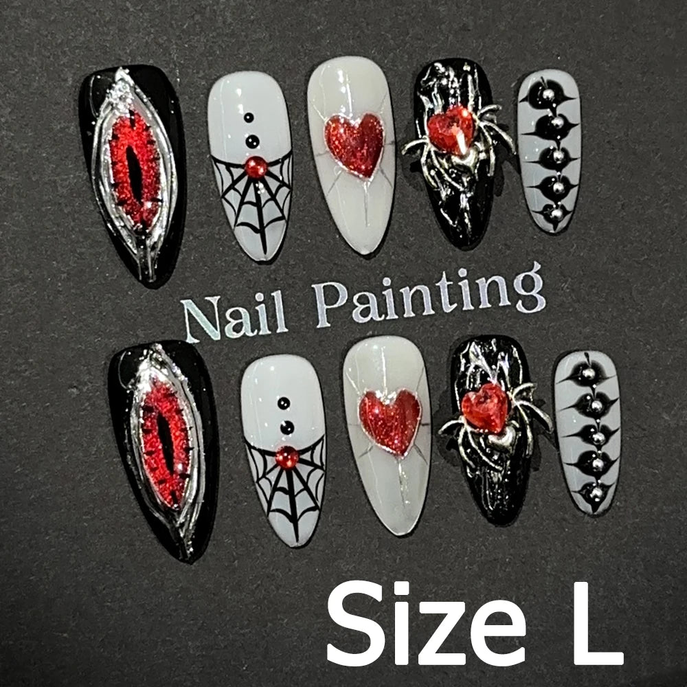 Handmade Almond Nail Art Silver Cat Eye Ink Wash Marble Sparkly Piled Rhinestone Black Chic False Nails Reusable Press on Nails