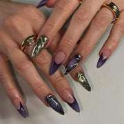 24pcs Sweet & Edgy Metallic Fake Nails 3D Silver-Plated Heart Gradient Press on Nail Almond Full Coverage Nail for Women&Girl