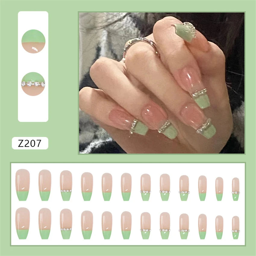 24Pcs/Set Wearing Short Fake Nails for Girls Press on Nail Tips Full Cover Acrylic with Diamonds False Nails Art Free Shipping