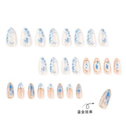 Blue Ink Wash Painting Lycoris Lily Classical Gold Curve Line Finished False Nail Press on Nail Manicure Fake Nail