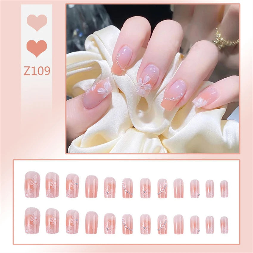 24Pcs/Set Wearing Short Fake Nails for Girls Press on Nail Tips Full Cover Acrylic with Diamonds False Nails Art Free Shipping
