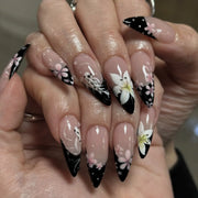 Blue Ink Wash Painting Lycoris Lily Classical Gold Curve Line Finished False Nail Press on Nail Manicure Fake Nail