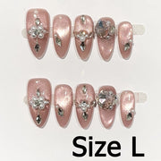 Handmade Almond Nail Art Silver Cat Eye Ink Wash Marble Sparkly Piled Rhinestone Black Chic False Nails Reusable Press on Nails