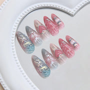 24pcs Sweet & Edgy Metallic Fake Nails 3D Silver-Plated Heart Gradient Press on Nail Almond Full Coverage Nail for Women&Girl