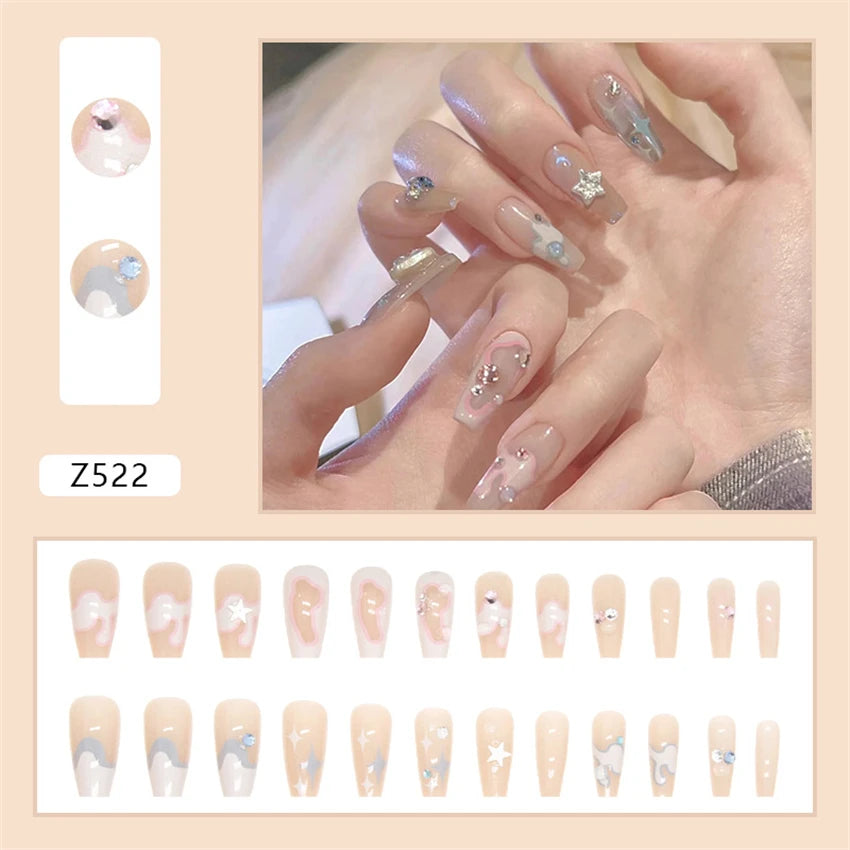 24Pcs/Set Wearing Short Fake Nails for Girls Press on Nail Tips Full Cover Acrylic with Diamonds False Nails Art Free Shipping