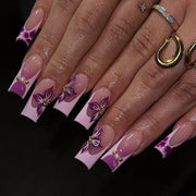Pink Peach Blossom Polka Dot Lace Gauze Gold Ring Bead Rhinestone Finished False Nail Wearable Press on Nails Manicure Fake Nail