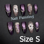 Handmade Almond Nail Art Silver Cat Eye Ink Wash Marble Sparkly Piled Rhinestone Black Chic False Nails Reusable Press on Nails