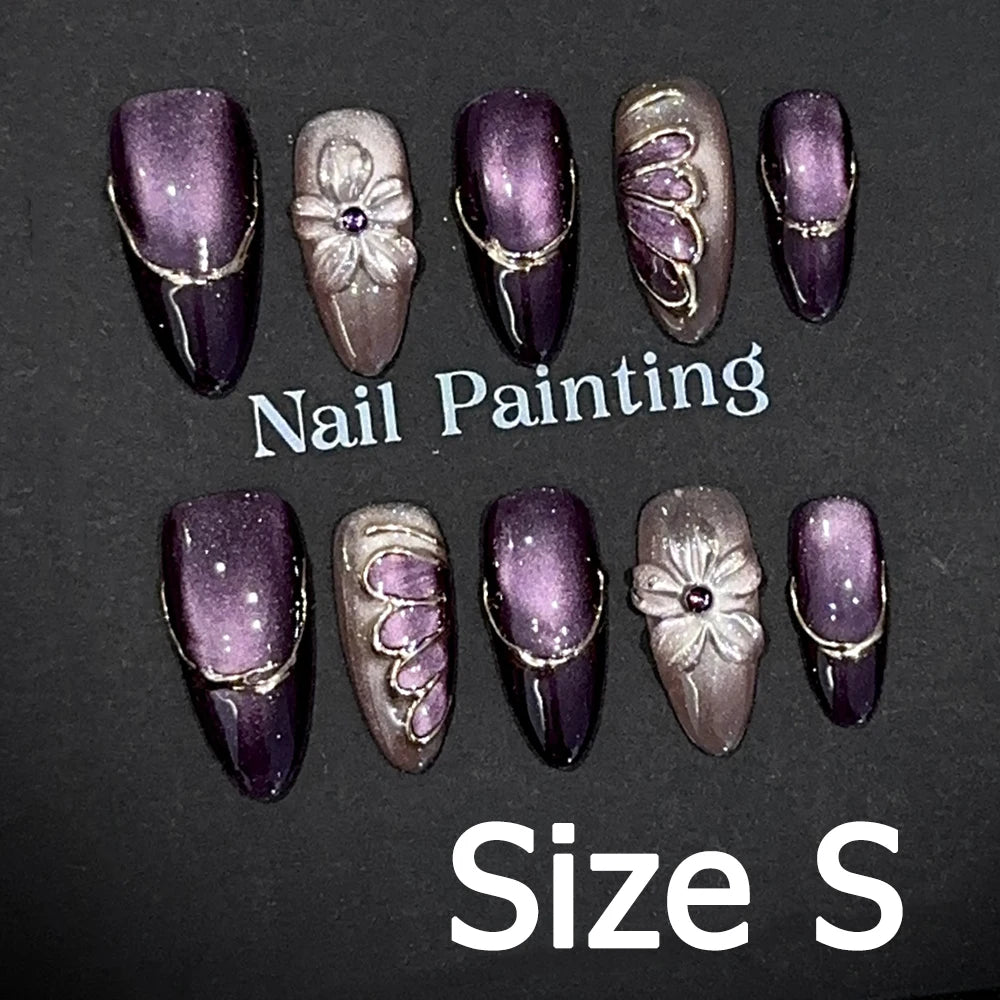 Handmade Almond Nail Art Silver Cat Eye Ink Wash Marble Sparkly Piled Rhinestone Black Chic False Nails Reusable Press on Nails