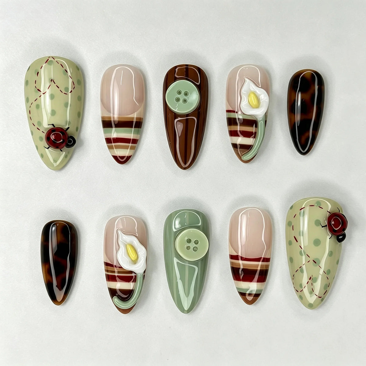 24PCS Tropical Green Polka Dots French False Nails 3D Pink Flowers with Silver Swirl Patterns Almond Press on Nails High Quality